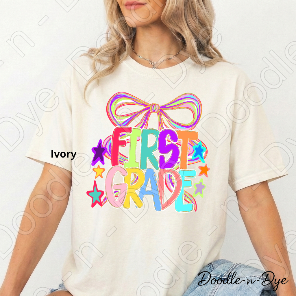 First Grade Teacher Shirt, Colorful First Grade Coquette Bow Tee, Grade Level Comfort Colors Back to School Teacher Shirt