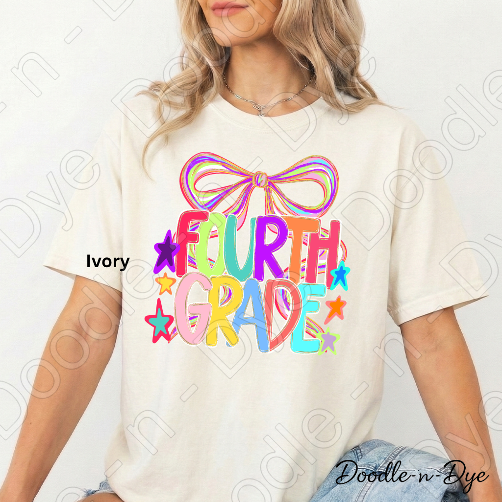 Fourth Grade Teacher Shirt, Colorful Fourth Grade Coquette Bow Tee, Grade Level Comfort Colors Back to School Teacher Shirt