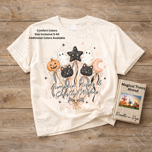 Pumpkin Kisses & Ghostly Wishes Shirt, Cute Halloween Tee, Comfort Colors Halloween Shirt, Ghost Pumpkin Cat Tee, Coquette Fall Shirt