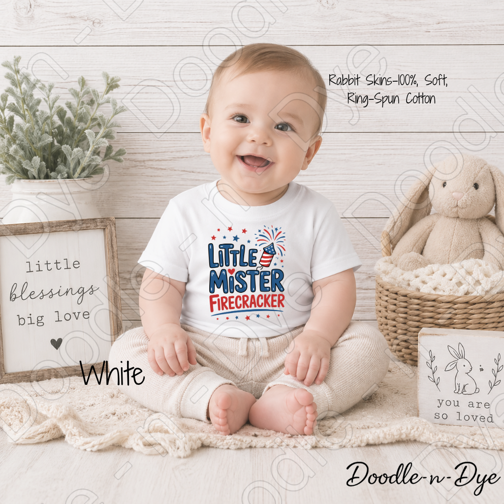 Little Mister Firecracker Rabbit Skins Tee, Baby Firecracker Shirt, 4th of July Toddler Tee, Patriotic Baby Shirt