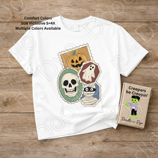 Vintage Halloween Stamp Shirt | Retro Spooky Postage Graphic Tee | Comfort Colors 1717 | Ghost Pumpkin Skull Halloween Shirt