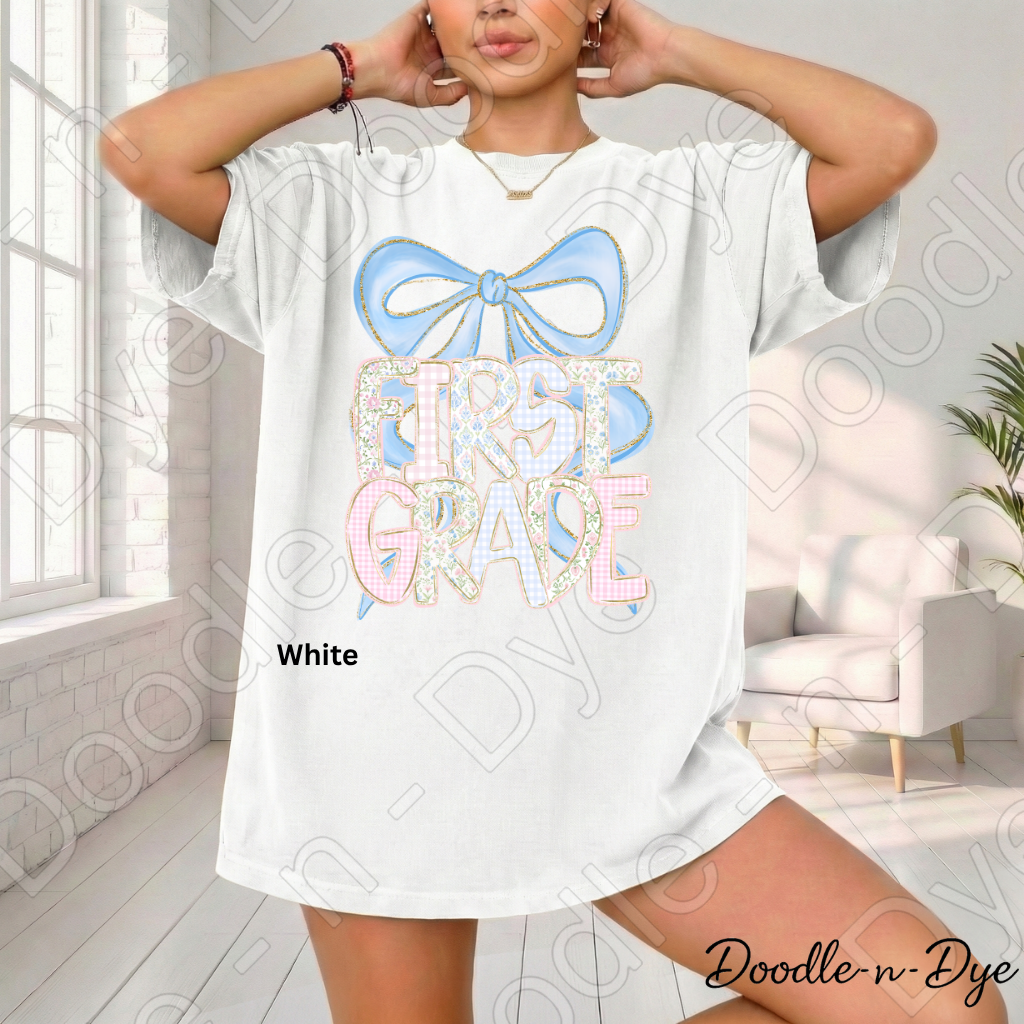 First Grade Teacher Shirt, Coquette Blue Bow First Grade Tee, Grade Level Comfort Colors Back to School Teacher Shirt