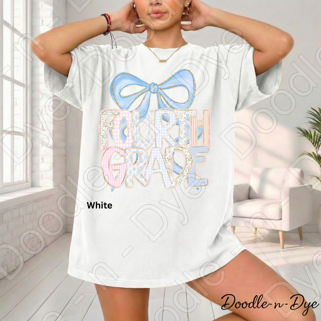 Fourth Grade Teacher Shirt, Pastel Coquette Blue Bow Teacher Tee, Grade Level Comfort Colors 1717 Teacher Shirt | Back to School Teacher Gift