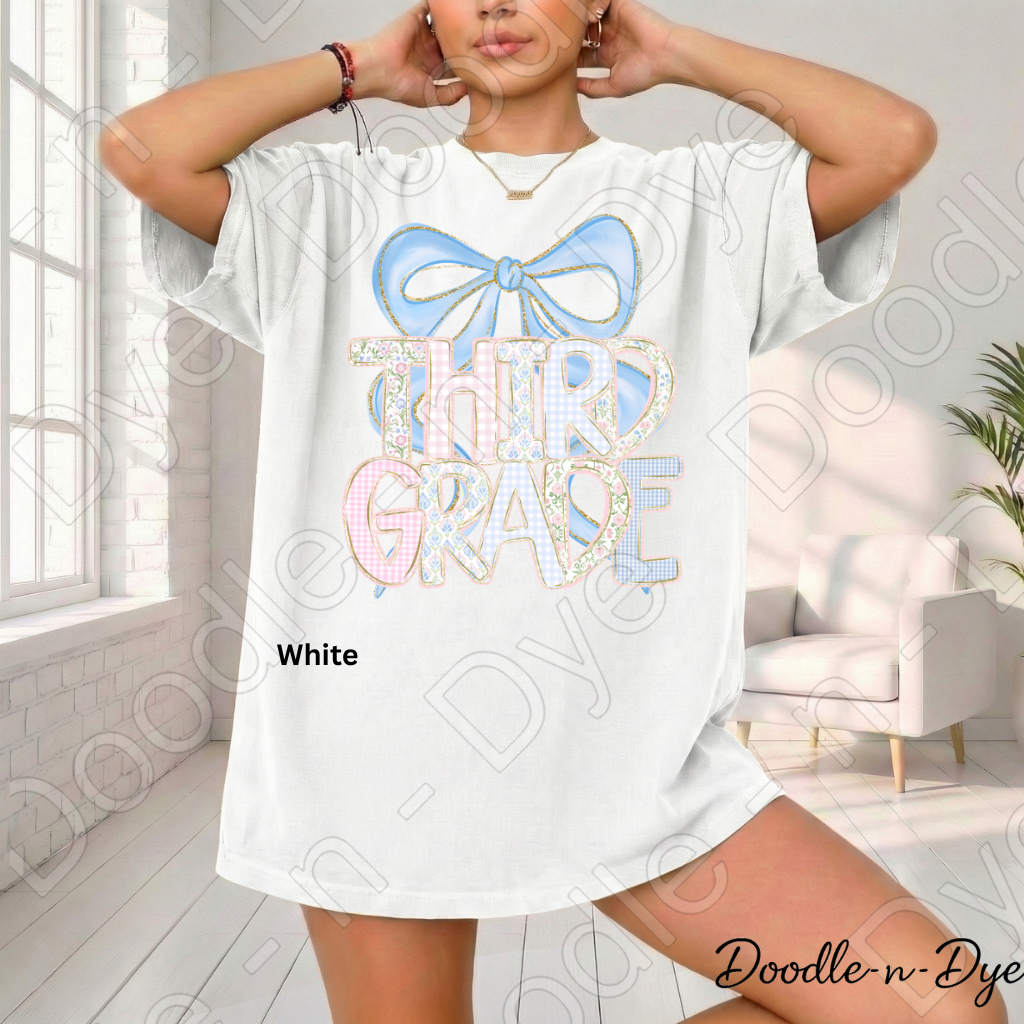 Third Grade Teacher Shirt, Pastel Blue Coquette Bow Teacher Tee, Grade Level Comfort Colors 1717 Teacher Shirt | Back to School Teacher Gift