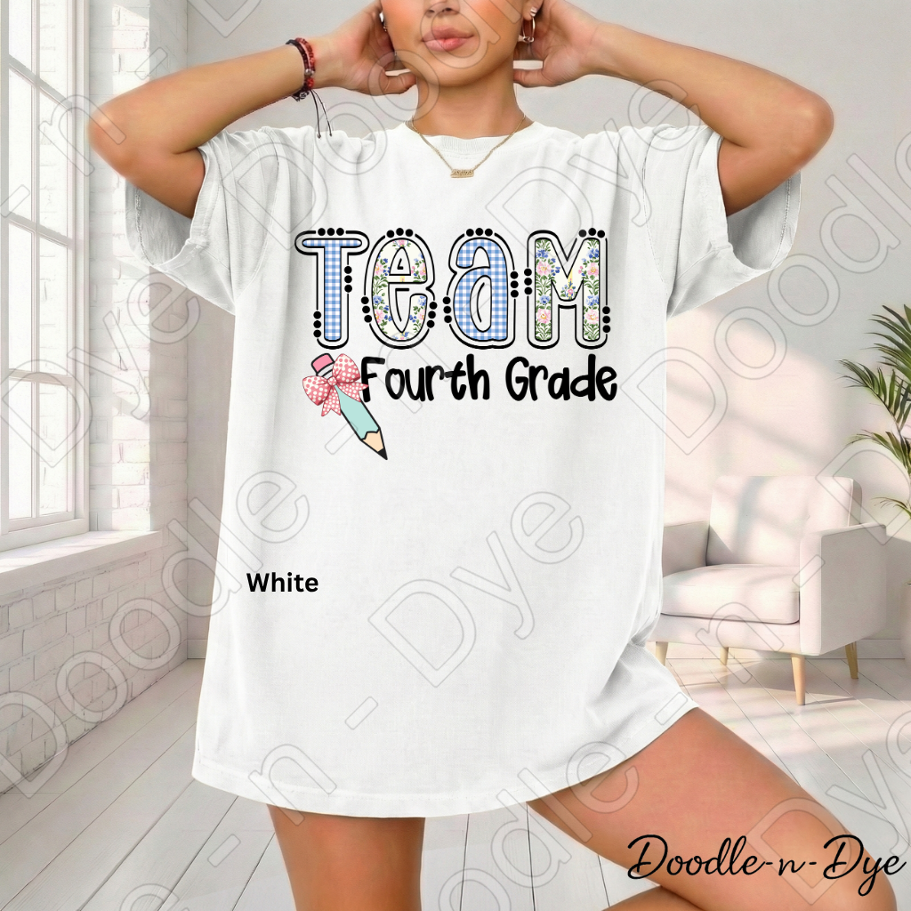 Fourth Grade Teacher Shirt, Team Fourth Grade Comfort Colors Teacher Tee, Doodle-n-Dye Original Design Teacher Shirt, Back to School Teacher Gift