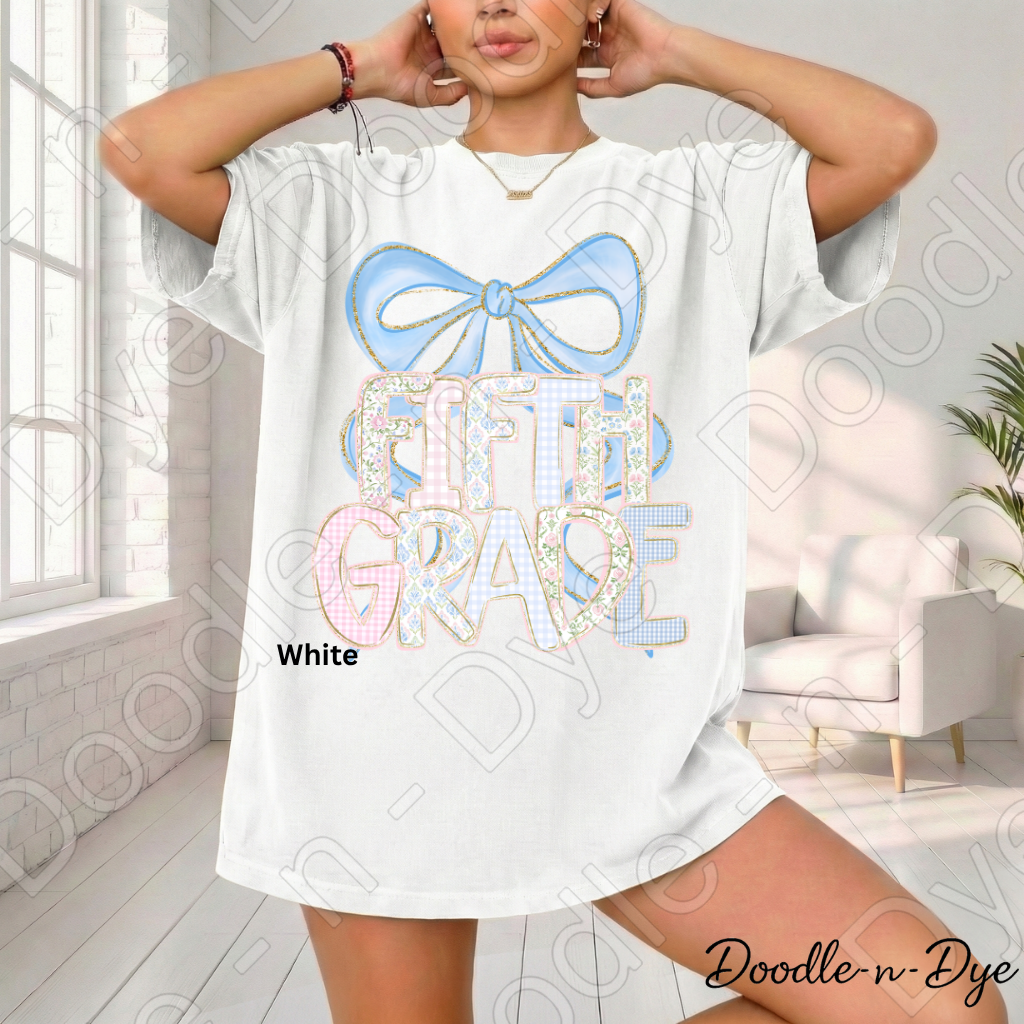 Fifth Grade Team Teacher Shirt, Pastel Coquette Blue Bow Teacher Tee, Grade Level Comfort Colors 1717 Teacher Shirt, Back to School Teacher Gift