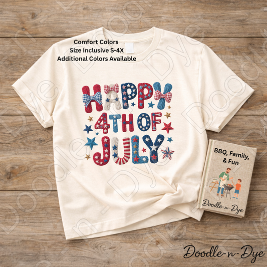 Happy 4th of July Comfort Colors Tee, Red White & Blue Faux Stitch Shirt, Patriotic T Shirt, 4th of July T-Shirt
