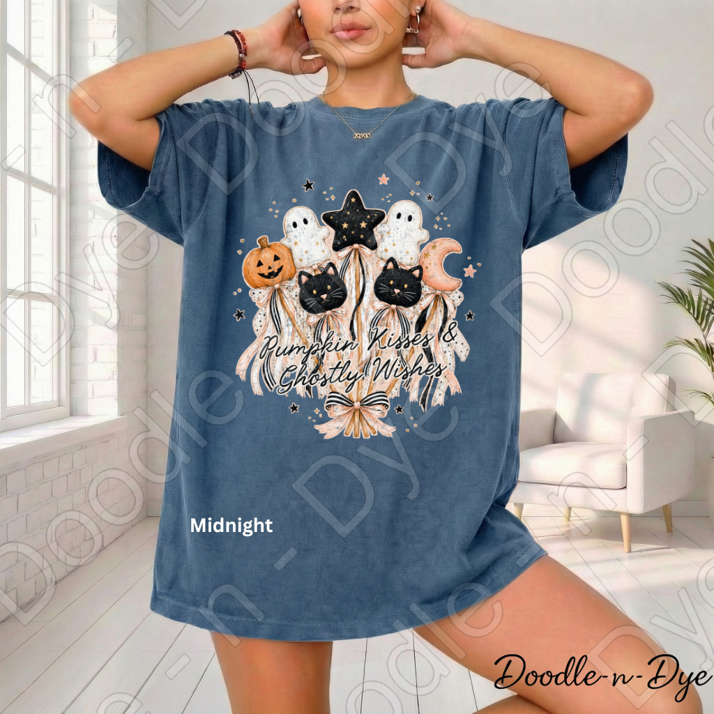 Pumpkin Kisses & Ghostly Wishes Shirt, Cute Halloween Tee, Comfort Colors Halloween Shirt, Ghost Pumpkin Cat Tee, Coquette Fall Shirt