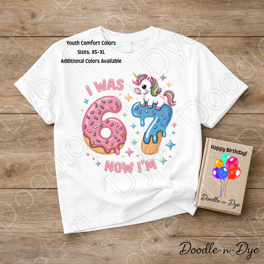 Youth I was 6 Now I'm 7 Comfort Colors Tee, Unicorn Donut Ice Cream Cone Shirt, Turning 7 Years Old T-Shirt, Birthday Tee for Kids, 7th Birthday Shirt