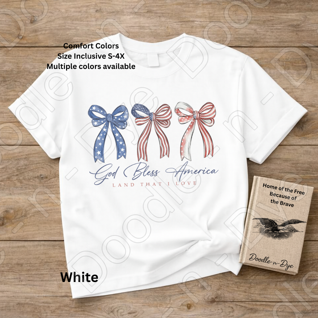 God Bless America Bow Shirt – Patriotic Comfort Colors USA Tee - Land That I love Coquette Bow T-Shirt