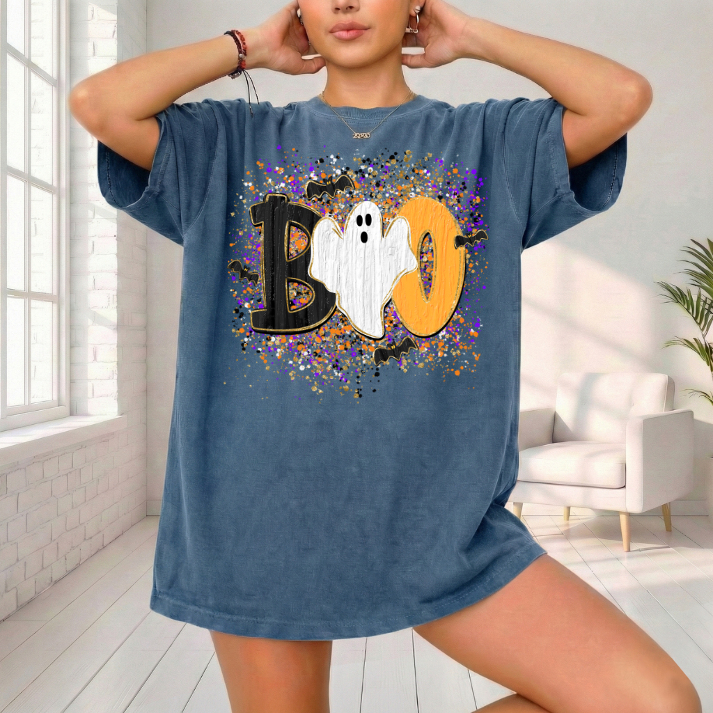 BOO Ghost Shirt | Comfort Colors® 1717 Cute Halloween T-Shirt | Spooky Season Ghost Tee | Bat Halloween Graphic Shirt | Fall Boutique Tee