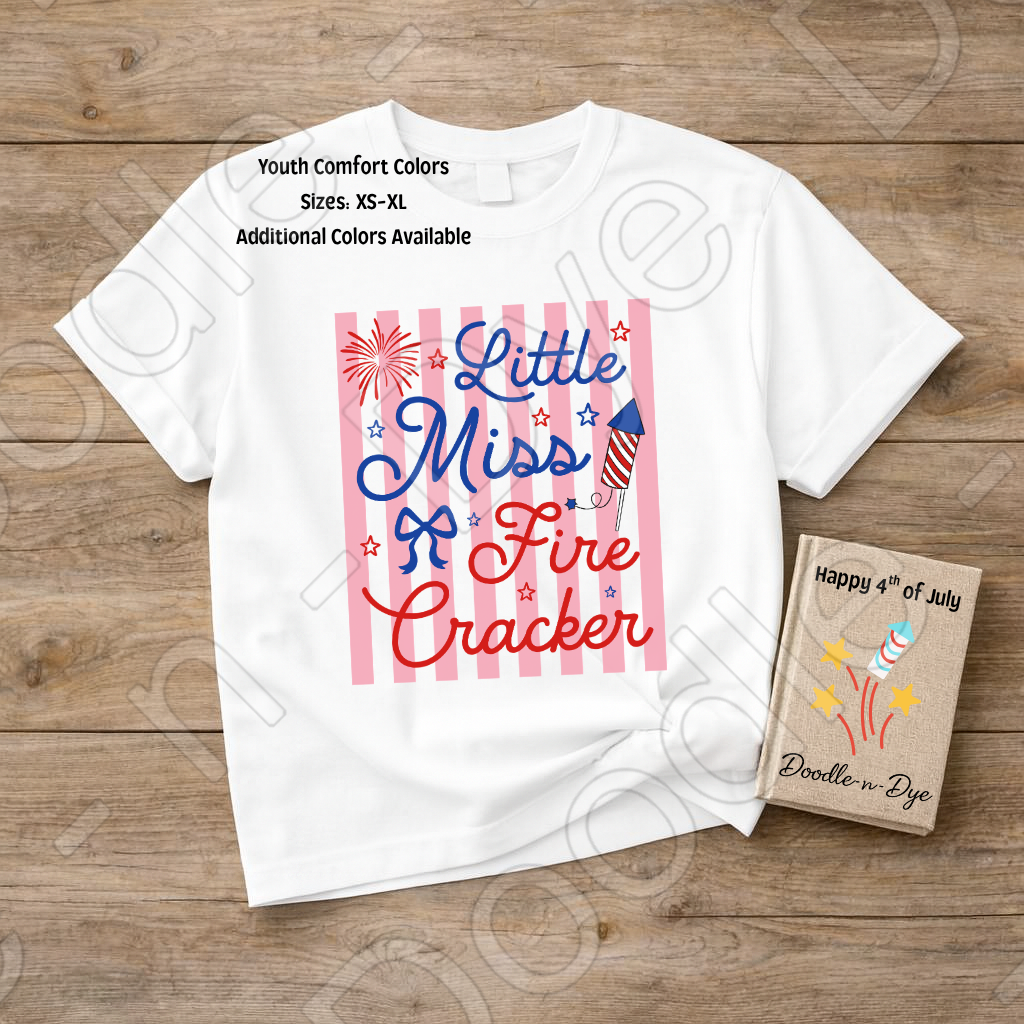 Youth 4th of July Comfort Colors Tee, Little Miss Firecracker Shirt, Patriotic Kids T Shirt, Red White & Blue Tee,