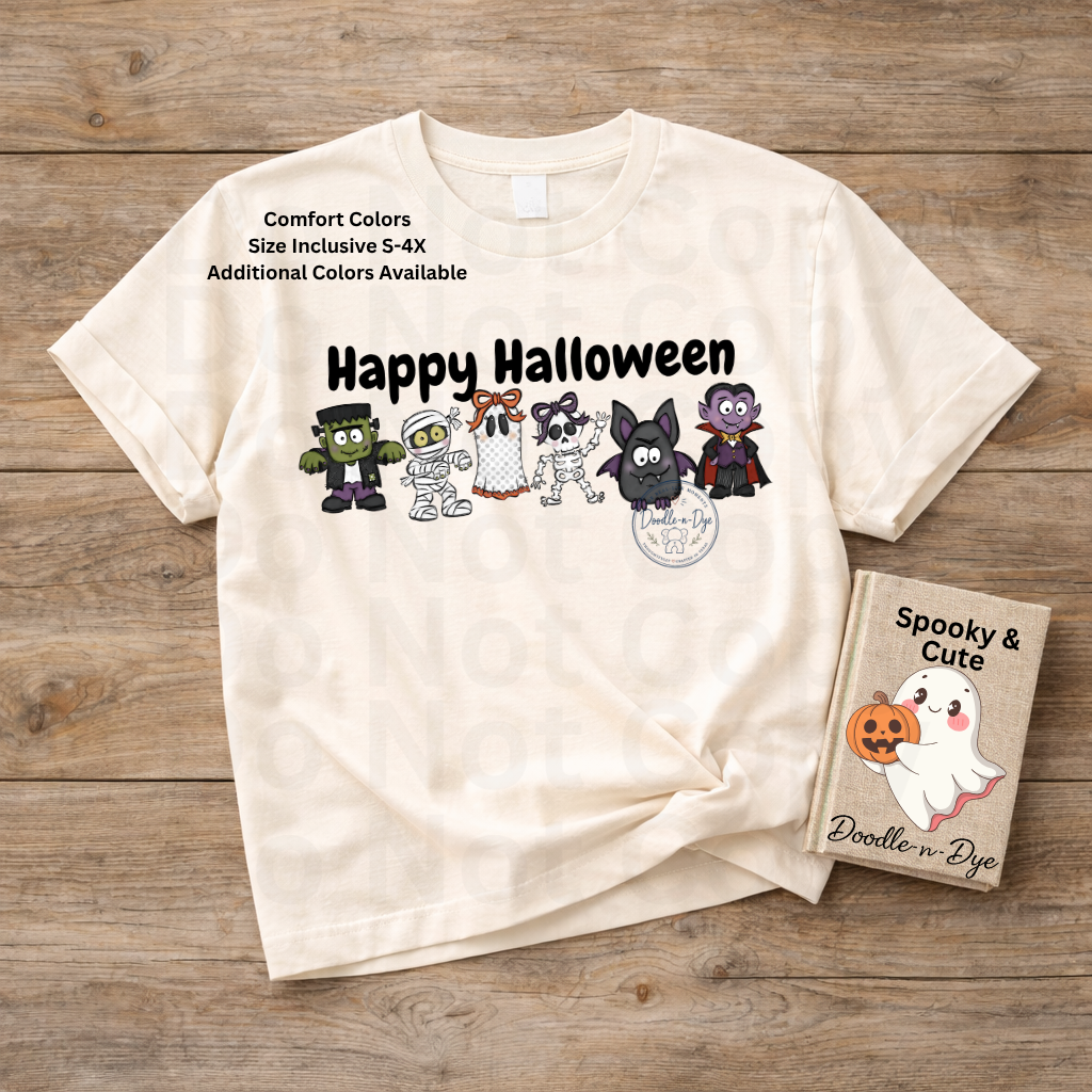 Happy Halloween Shirt | Original Cute Halloween Character Tee | Comfort Colors® 1717 Ghost Pumpkin Frankenstein Shirt | Family Halloween Tee