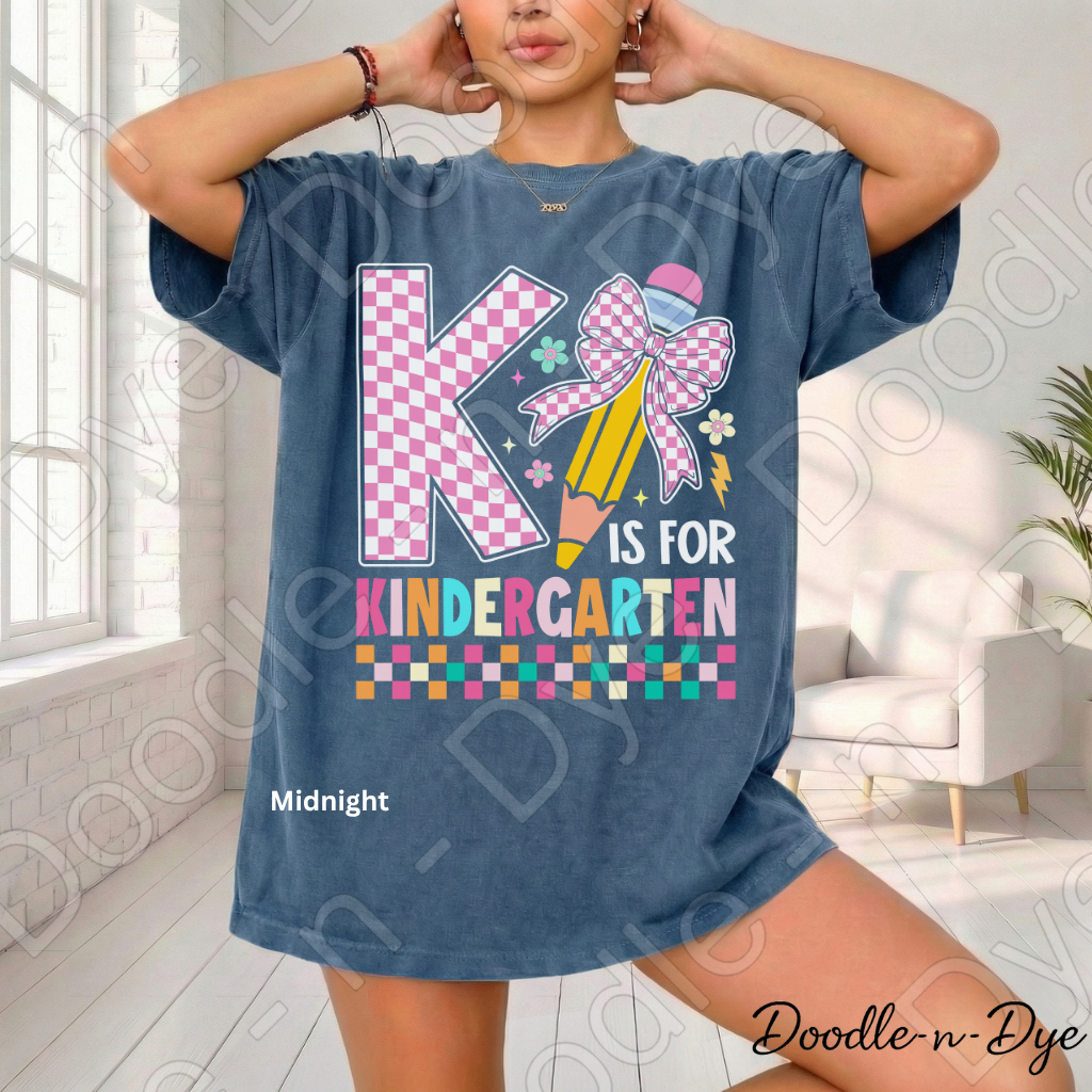 K Is for Kindergarten Shirt with Pencil Bow – Comfort Colors Back‑to‑School Tee for Teachers, Staff, Meet‑the‑Teacher & Classroom Outfits
