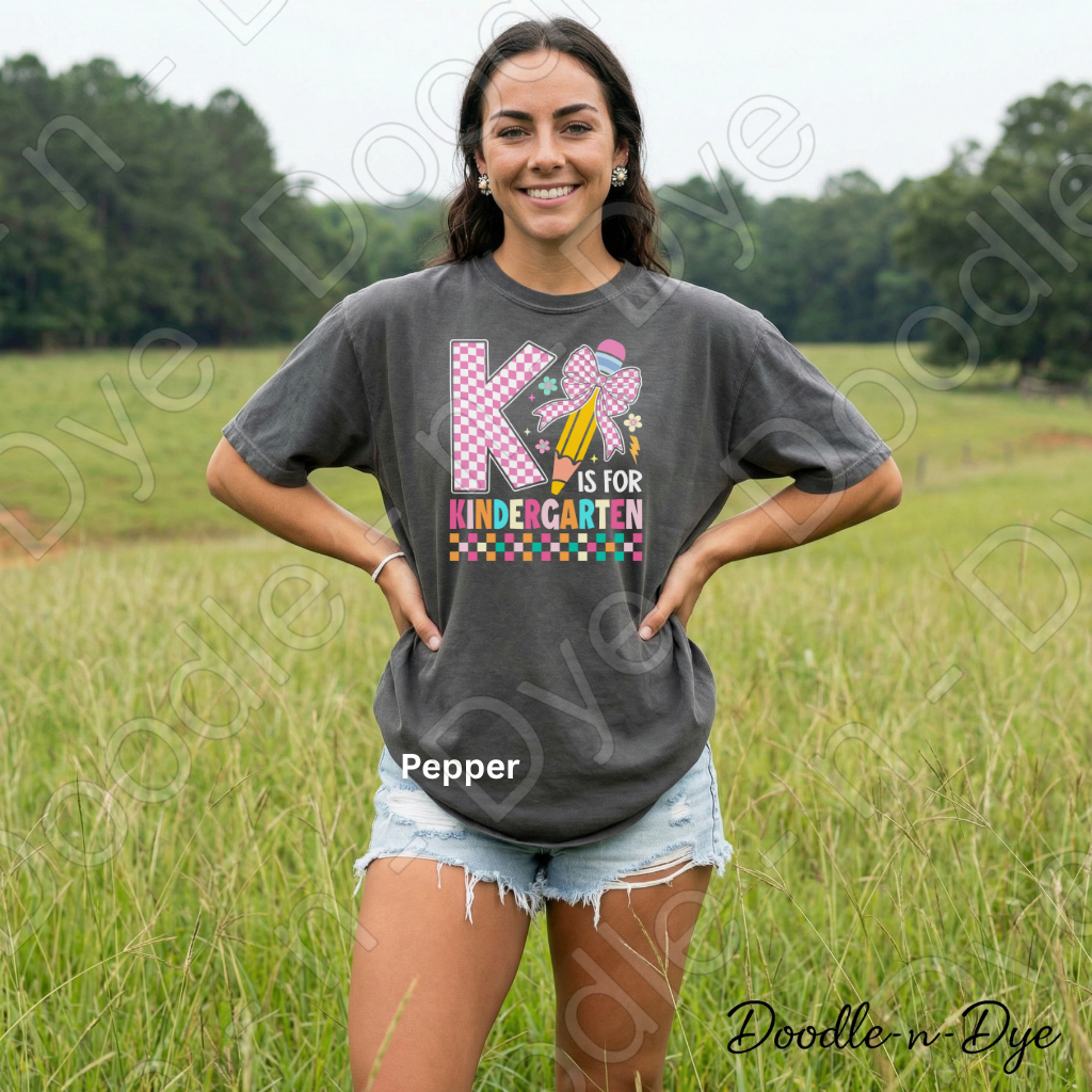 K Is for Kindergarten Shirt with Pencil Bow – Comfort Colors Back‑to‑School Tee for Teachers, Staff, Meet‑the‑Teacher & Classroom Outfits