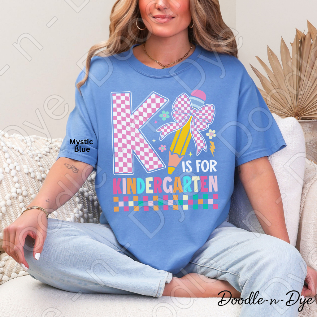 K Is for Kindergarten Shirt with Pencil Bow – Comfort Colors Back‑to‑School Tee for Teachers, Staff, Meet‑the‑Teacher & Classroom Outfits