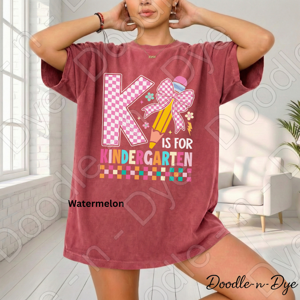 K Is for Kindergarten Shirt with Pencil Bow – Comfort Colors Back‑to‑School Tee for Teachers, Staff, Meet‑the‑Teacher & Classroom Outfits