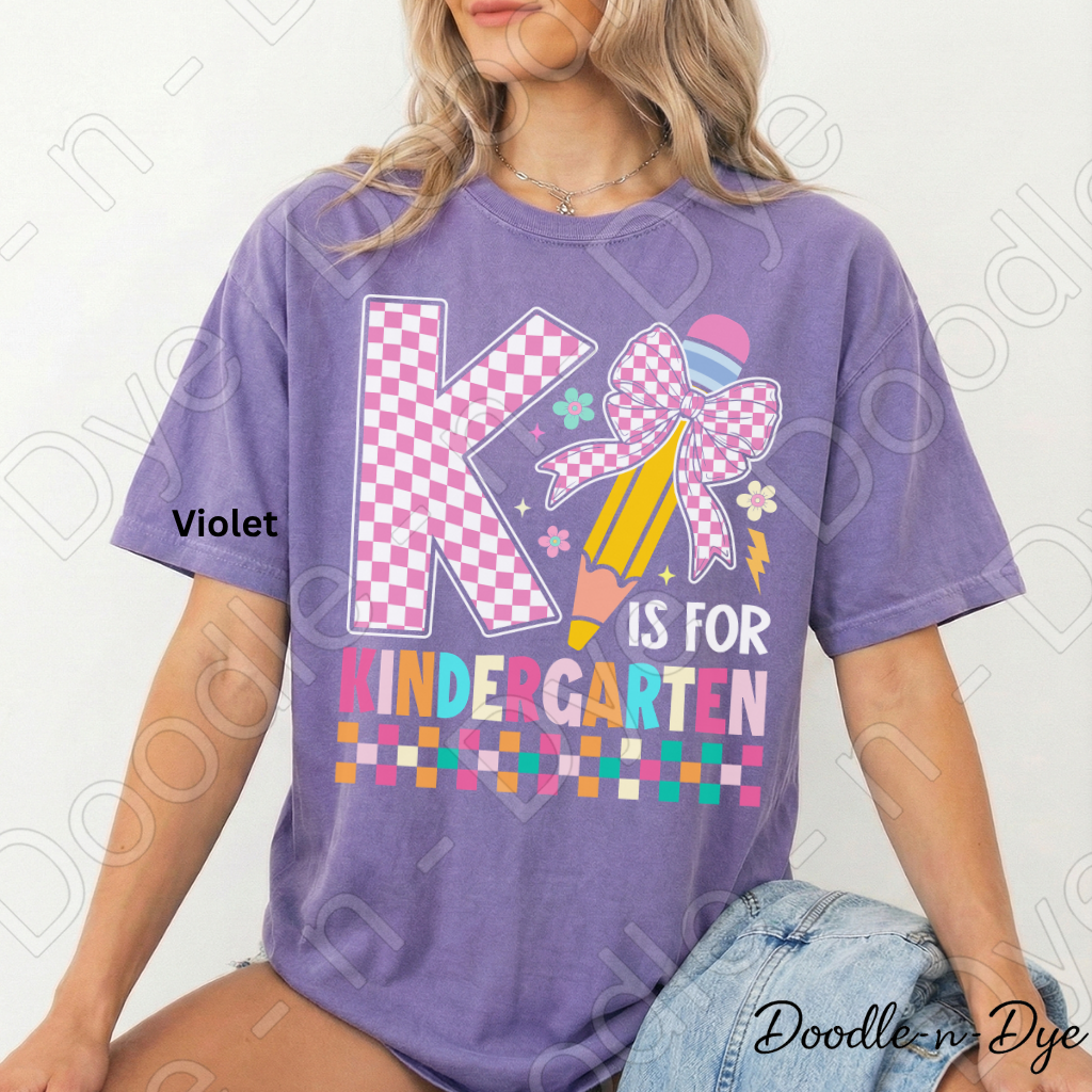K Is for Kindergarten Shirt with Pencil Bow – Comfort Colors Back‑to‑School Tee for Teachers, Staff, Meet‑the‑Teacher & Classroom Outfits