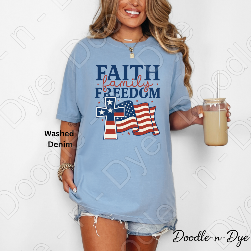 July 4th Faith-Based Comfort Colors Tee, Faith Family Freedom Shirt, USA Faith T Shirt, Red White & Blue Tee, Family Matching Tees