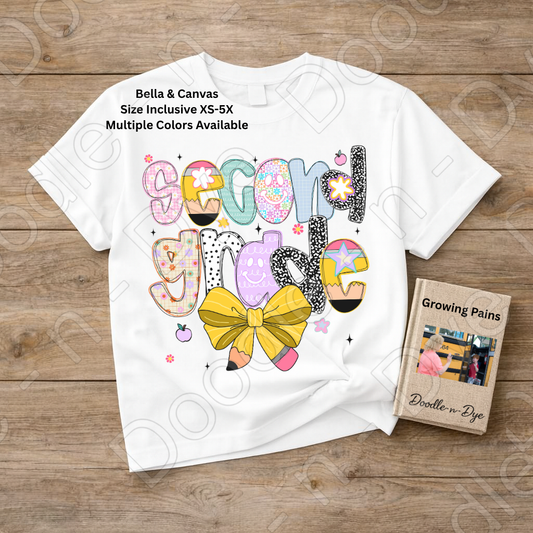 Second Grade Teacher Shirt with Pencil Bow – Bella + Canvas Back‑to‑School Tee for Teachers, Staff, Classroom Prep & First‑Day Outfits