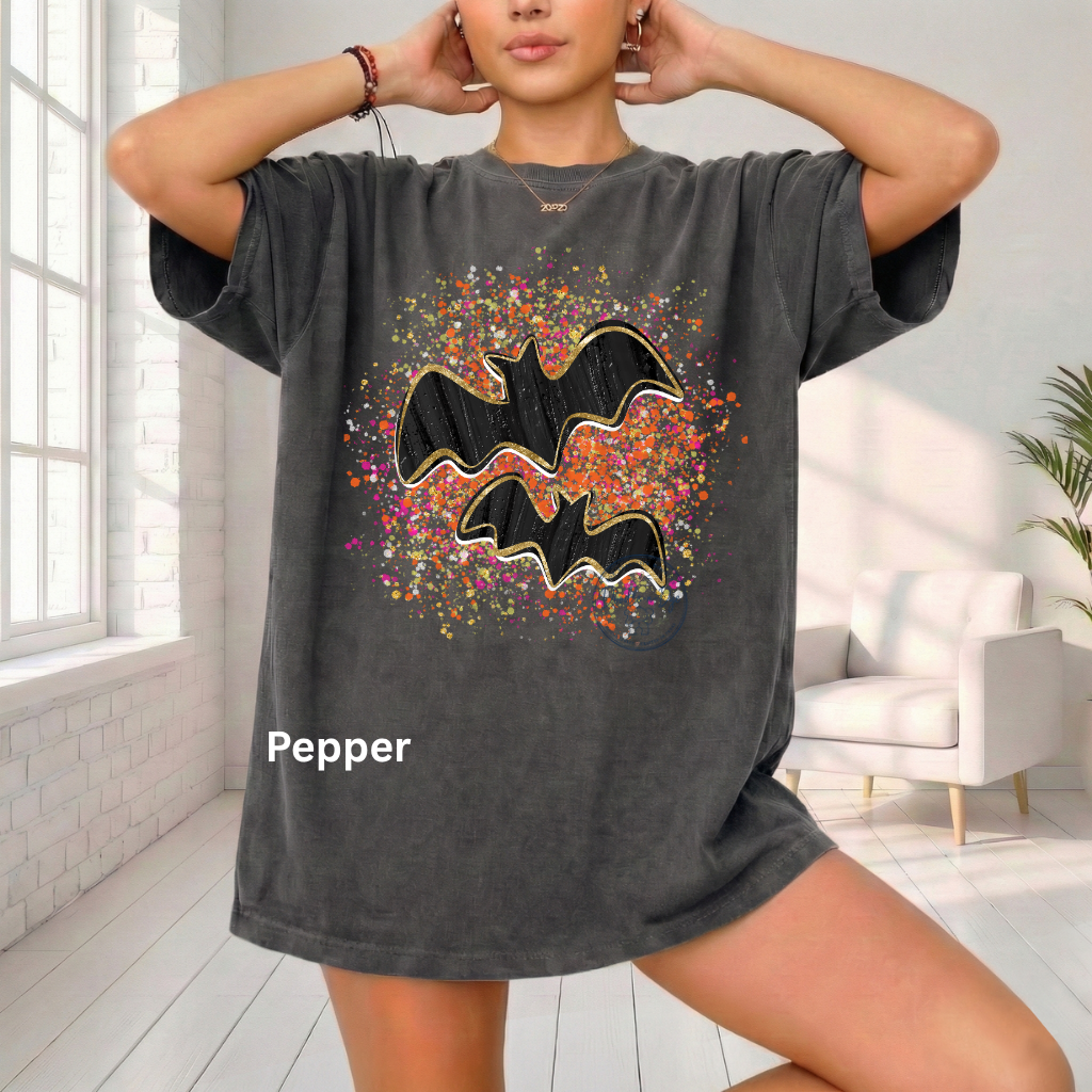 Black Bat Halloween Shirt | Cute Bat Graphic Tee | Spooky Season Shirt | Comfort Colors® 1717 Halloween T-Shirt | Fall Splattered Paint Graphic Tee