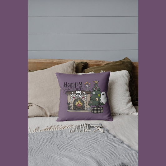 Happy Halloween Pillow | Cozy Halloween Fireplace Scene Throw Pillow | Cozy Season Pillow