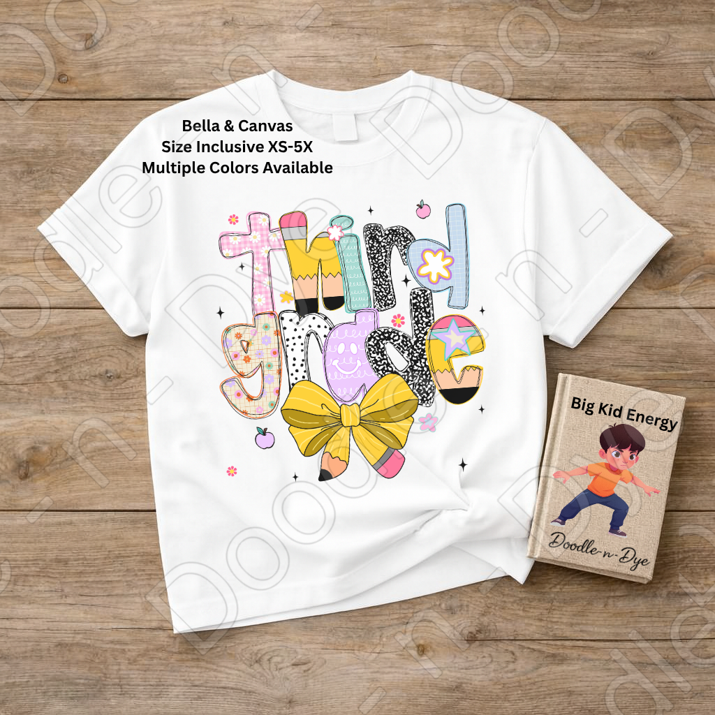 Third Grade Teacher Shirt with Pencil Bow – Bella + Canvas Back‑to‑School Tee for Teachers, Staff, Classroom Prep & First‑Day Outfits
