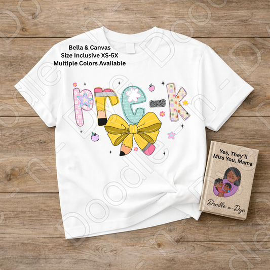 Pre‑K Teacher Shirt with Pencil Bow – Bella + Canvas Back‑to‑School Graphic Tee for Teachers, Staff, Preschool & Classroom Outfits