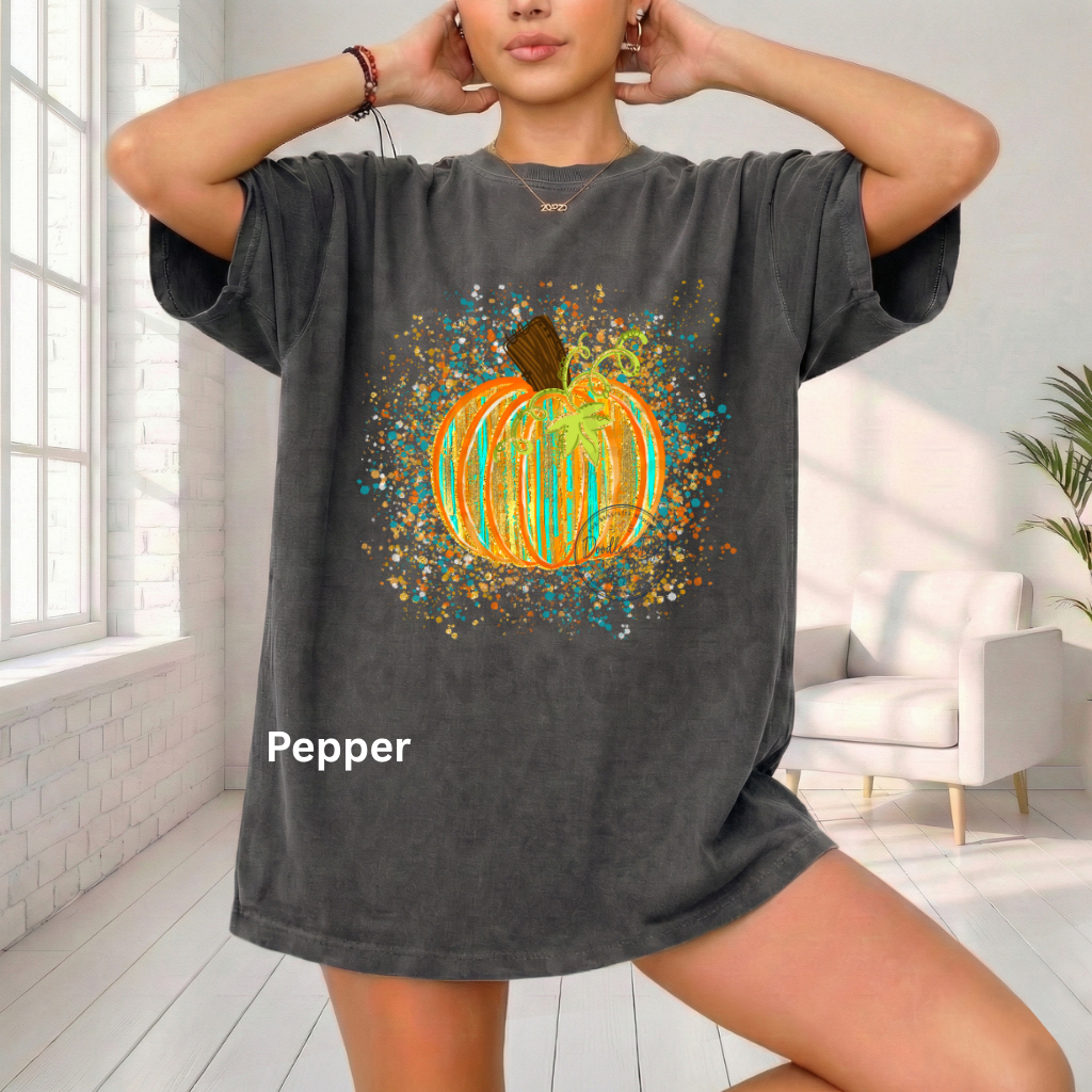 Watercolor Pumpkin Shirt | Artistic Splatter Paint Fall Pumpkin Tee | Autumn Graphic T-Shirt | Comfort Colors® 1717 | Pumpkin Patch Outfit | Cozy Fall Shirt