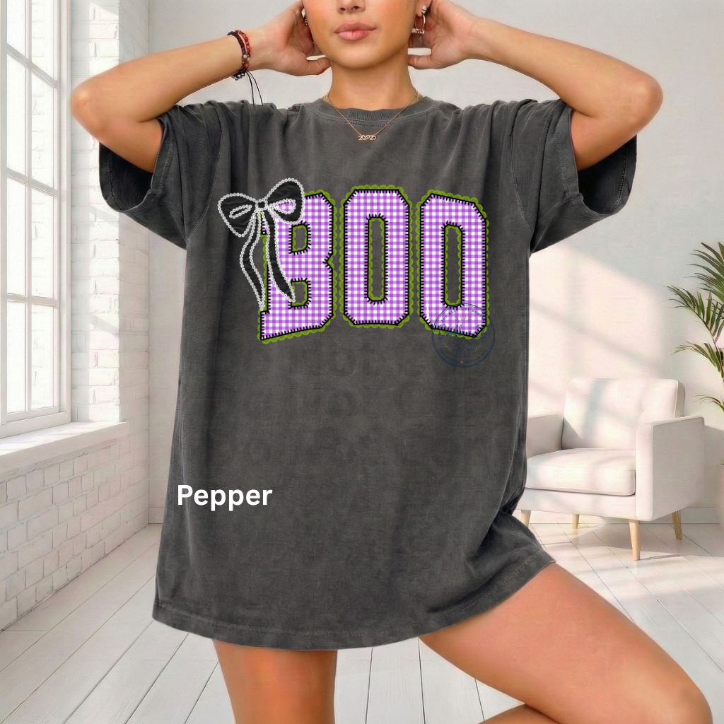 BOO Halloween Shirt | Purple Gingham Ghost Season Tee | Cute Halloween Graphic Shirt | Comfort Colors® 1717 Fall T-Shirt | Coquette Halloween Tee