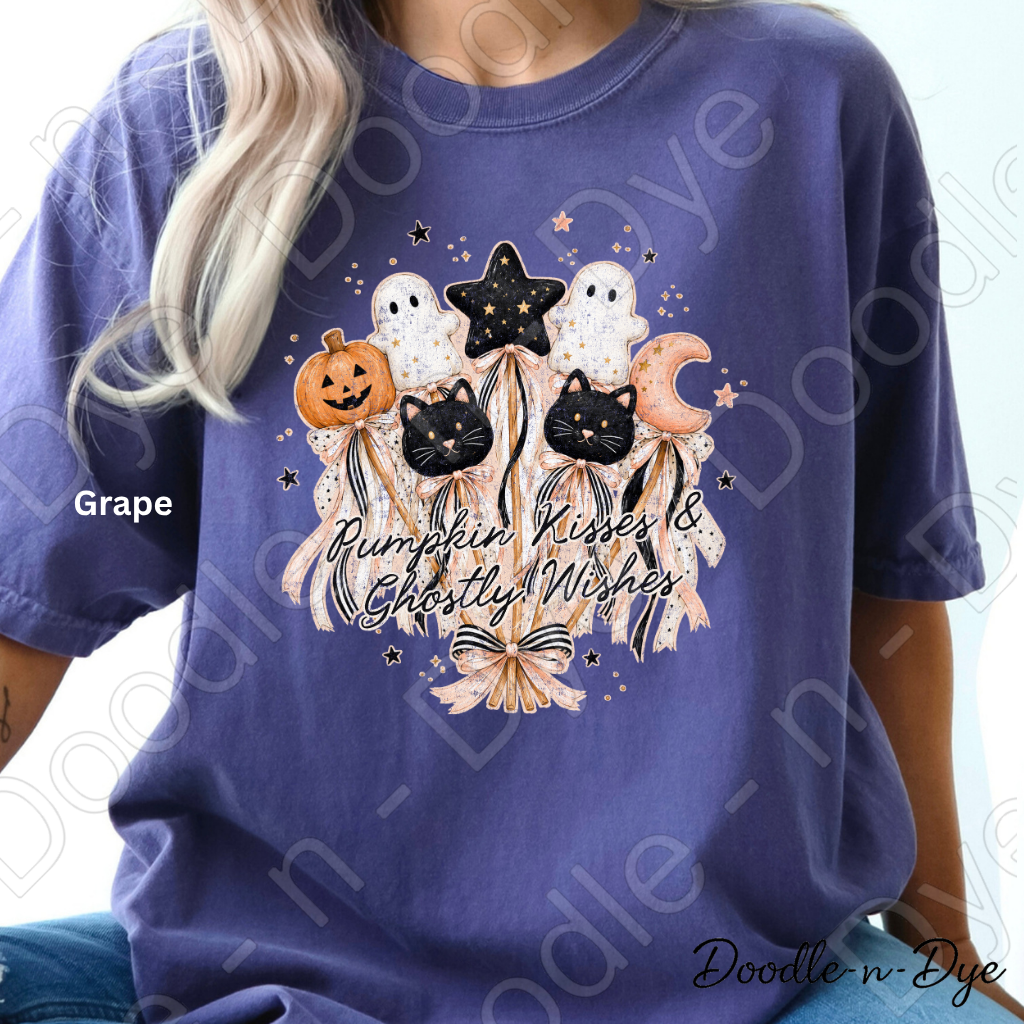 Pumpkin Kisses & Ghostly Wishes Shirt, Cute Halloween Tee, Comfort Colors Halloween Shirt, Ghost Pumpkin Cat Tee, Coquette Fall Shirt