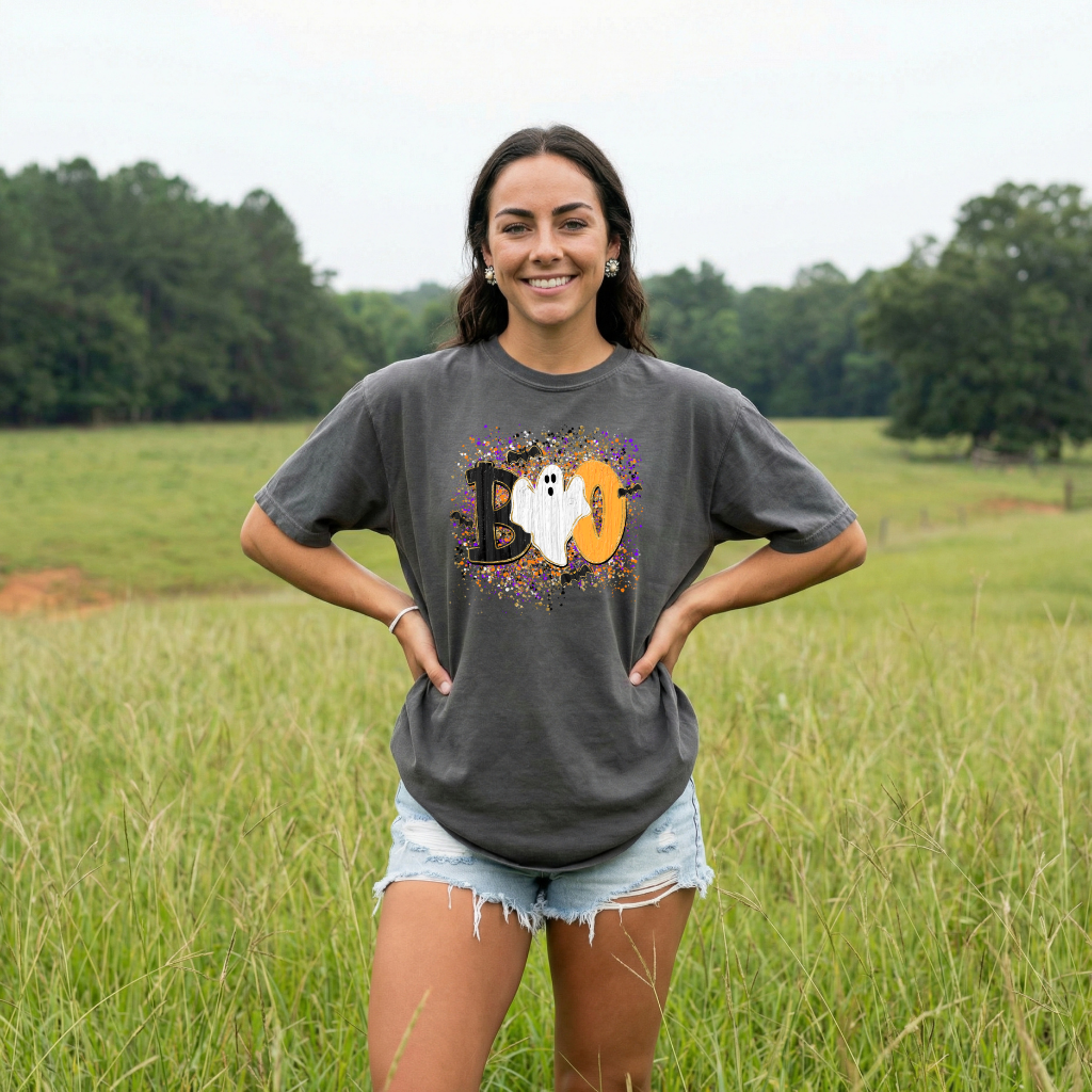 BOO Ghost Shirt | Comfort Colors® 1717 Cute Halloween T-Shirt | Spooky Season Ghost Tee | Bat Halloween Graphic Shirt | Fall Boutique Tee