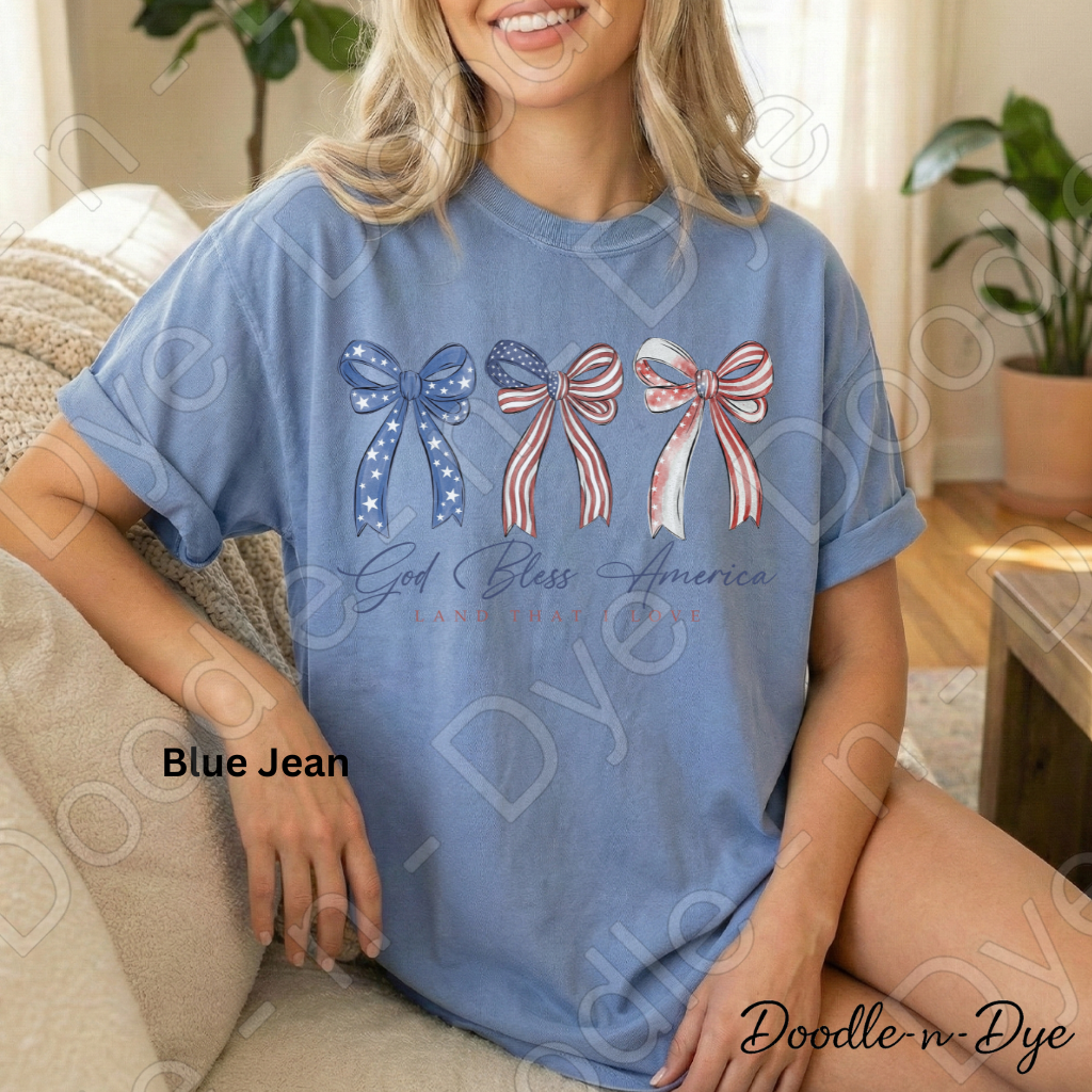 God Bless America Bow Shirt – Patriotic Comfort Colors USA Tee - Land That I love Coquette Bow T-Shirt