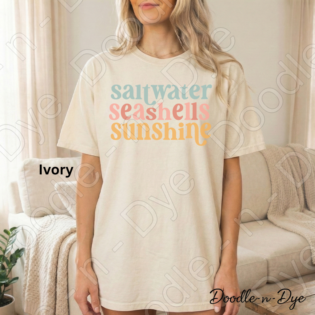 Saltwater Seashells Sunshine Shirt – Comfort Colors Beach Tee - Family Vacation T-Shirt