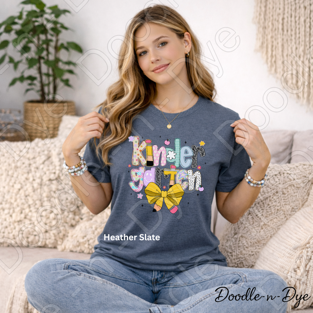 Kindergarten Teacher Shirt with Pencil Bow – Bella + Canvas Back‑to‑School Tee for Teachers, Staff, Classroom Prep & First‑Day Outfits