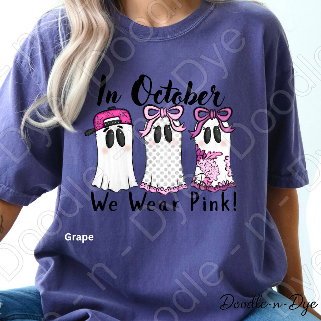 In October We Wear Pink Shirt | Doodle-n-Dye Original | Breast Cancer Awareness Ghost Tee | Comfort Colors 1717 | Cute Halloween Pink Shirt