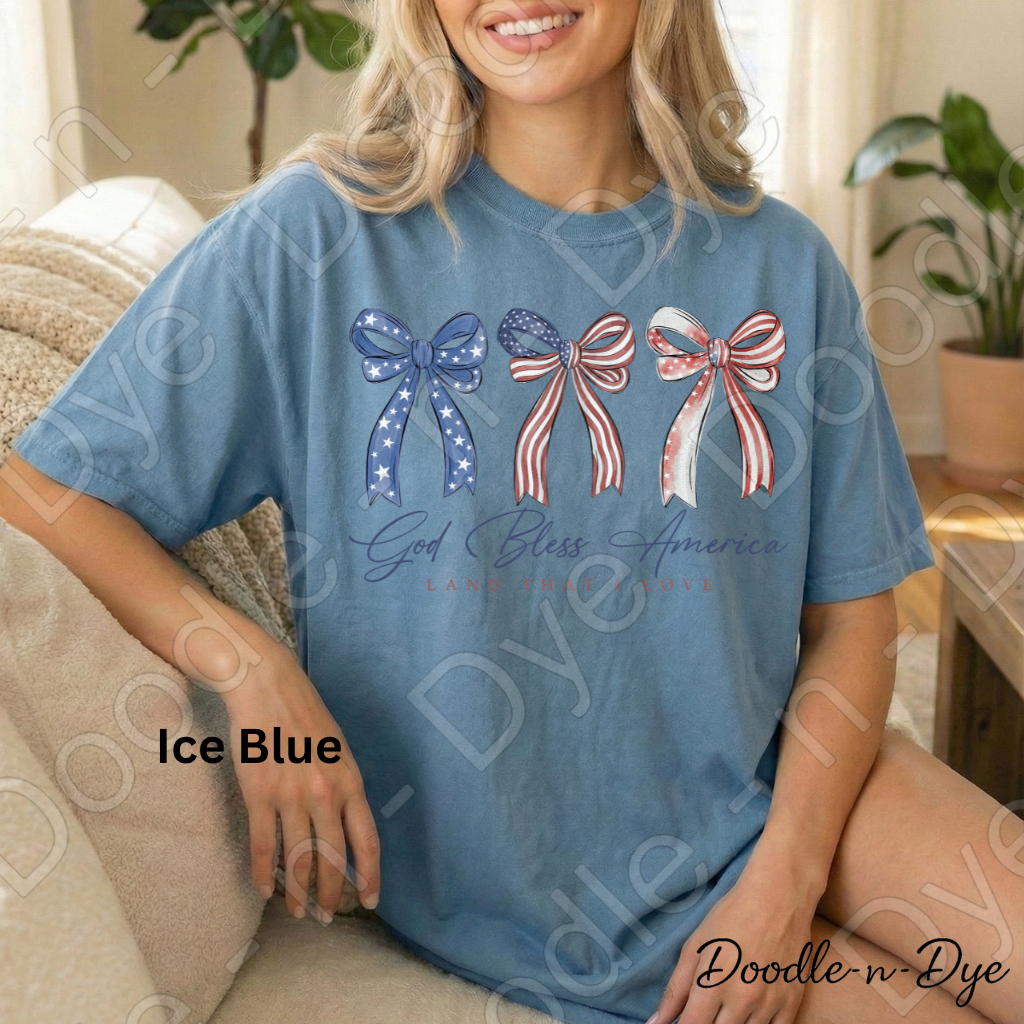 God Bless America Bow Shirt – Patriotic Comfort Colors USA Tee - Land That I love Coquette Bow T-Shirt