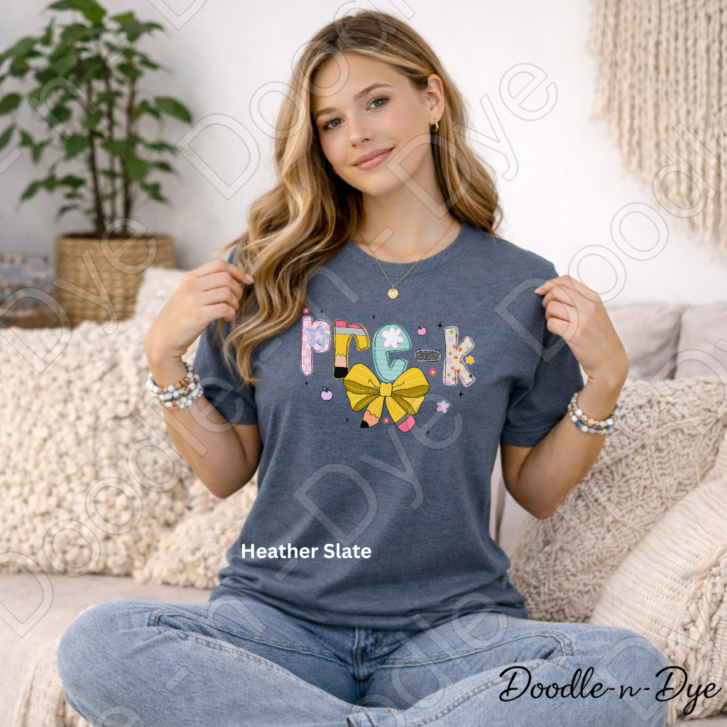 Pre‑K Teacher Shirt with Pencil Bow – Bella + Canvas Back‑to‑School Graphic Tee for Teachers, Staff, Preschool & Classroom Outfits