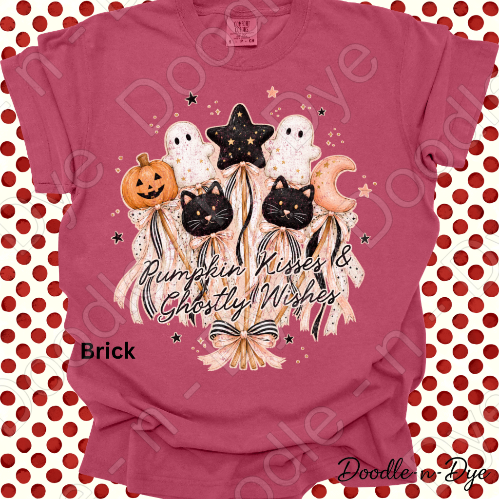 Pumpkin Kisses & Ghostly Wishes Shirt, Cute Halloween Tee, Comfort Colors Halloween Shirt, Ghost Pumpkin Cat Tee, Coquette Fall Shirt