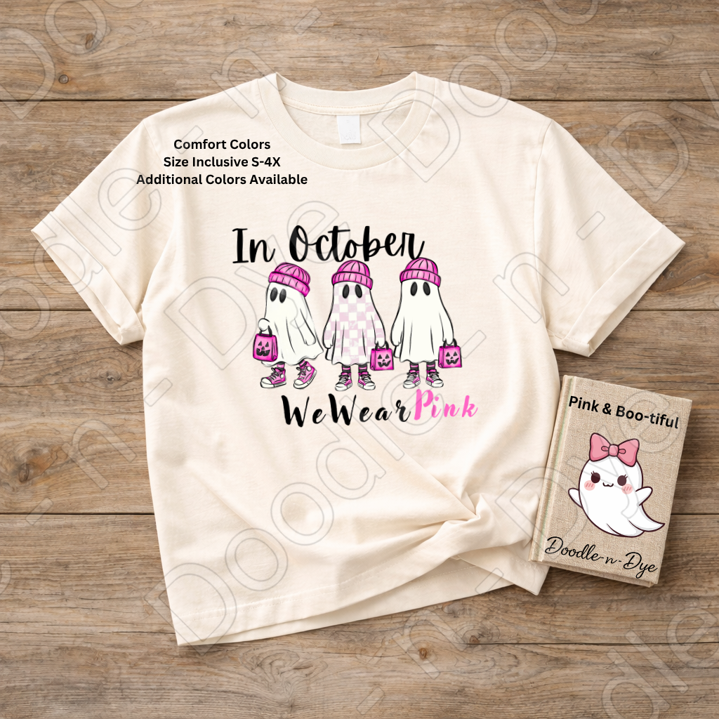 In October We Wear Pink Ghost Shirt | Breast Cancer Awareness Tee | Comfort Colors 1717 | Cute Halloween Ghost Shirt | October Pink Tee