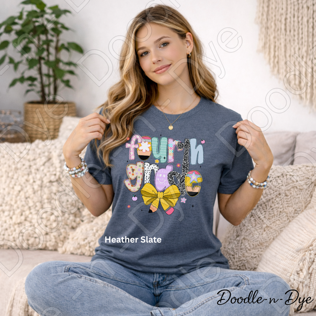 Fourth Grade Teacher Shirt with Pencil Bow – Bella + Canvas Back‑to‑School Tee for Teachers, Staff, Classroom Prep & First‑Day Outfits