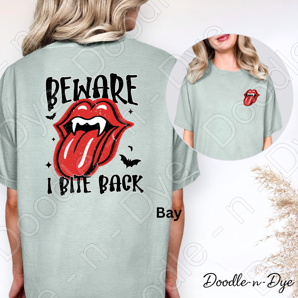 Beware I Bite Back Halloween Shirt, Funny Halloween Tee, Comfort Colors 1717, Spooky Season Shirt, Front and Back Graphic Tee