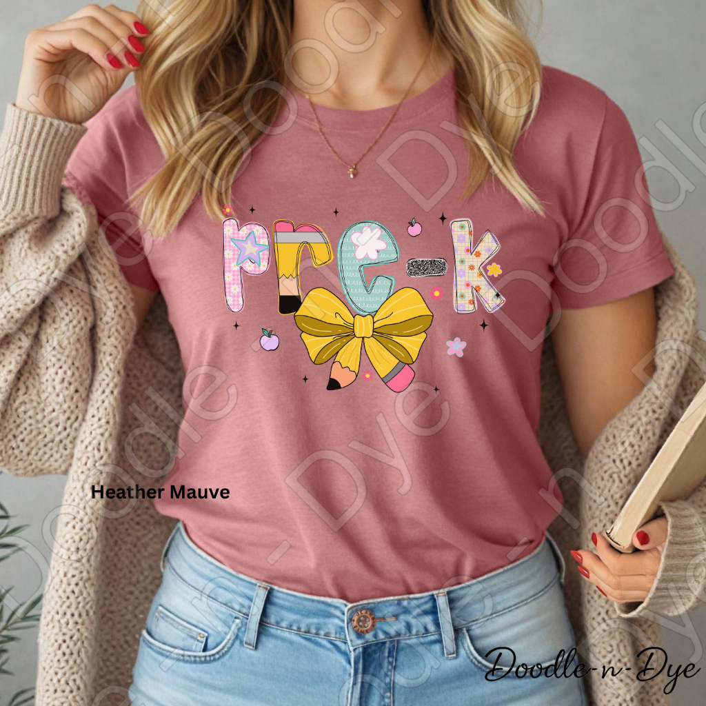 Pre‑K Teacher Shirt with Pencil Bow – Bella + Canvas Back‑to‑School Graphic Tee for Teachers, Staff, Preschool & Classroom Outfits