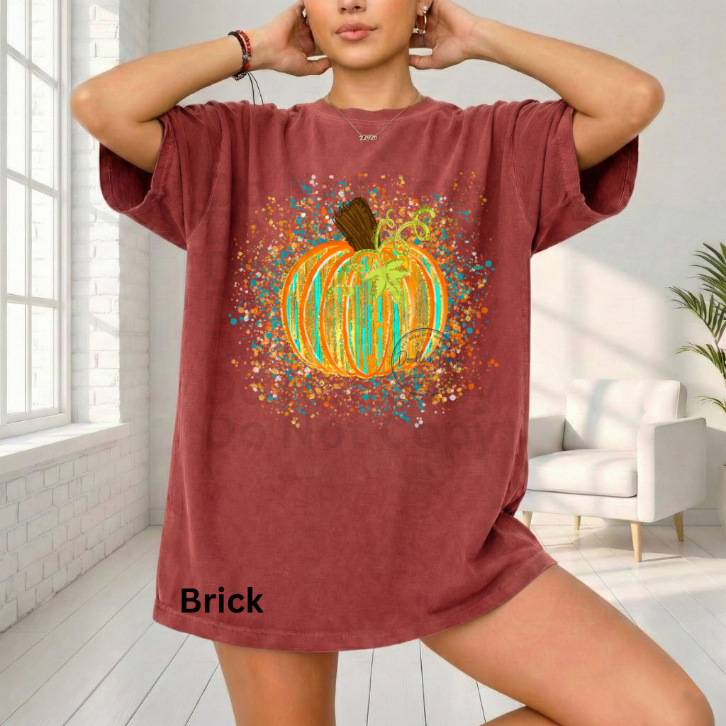 Watercolor Pumpkin Shirt | Artistic Splatter Paint Fall Pumpkin Tee | Autumn Graphic T-Shirt | Comfort Colors® 1717 | Pumpkin Patch Outfit | Cozy Fall Shirt