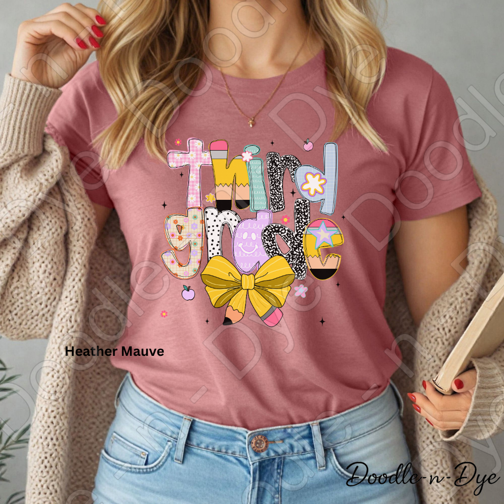 Third Grade Teacher Shirt with Pencil Bow – Bella + Canvas Back‑to‑School Tee for Teachers, Staff, Classroom Prep & First‑Day Outfits