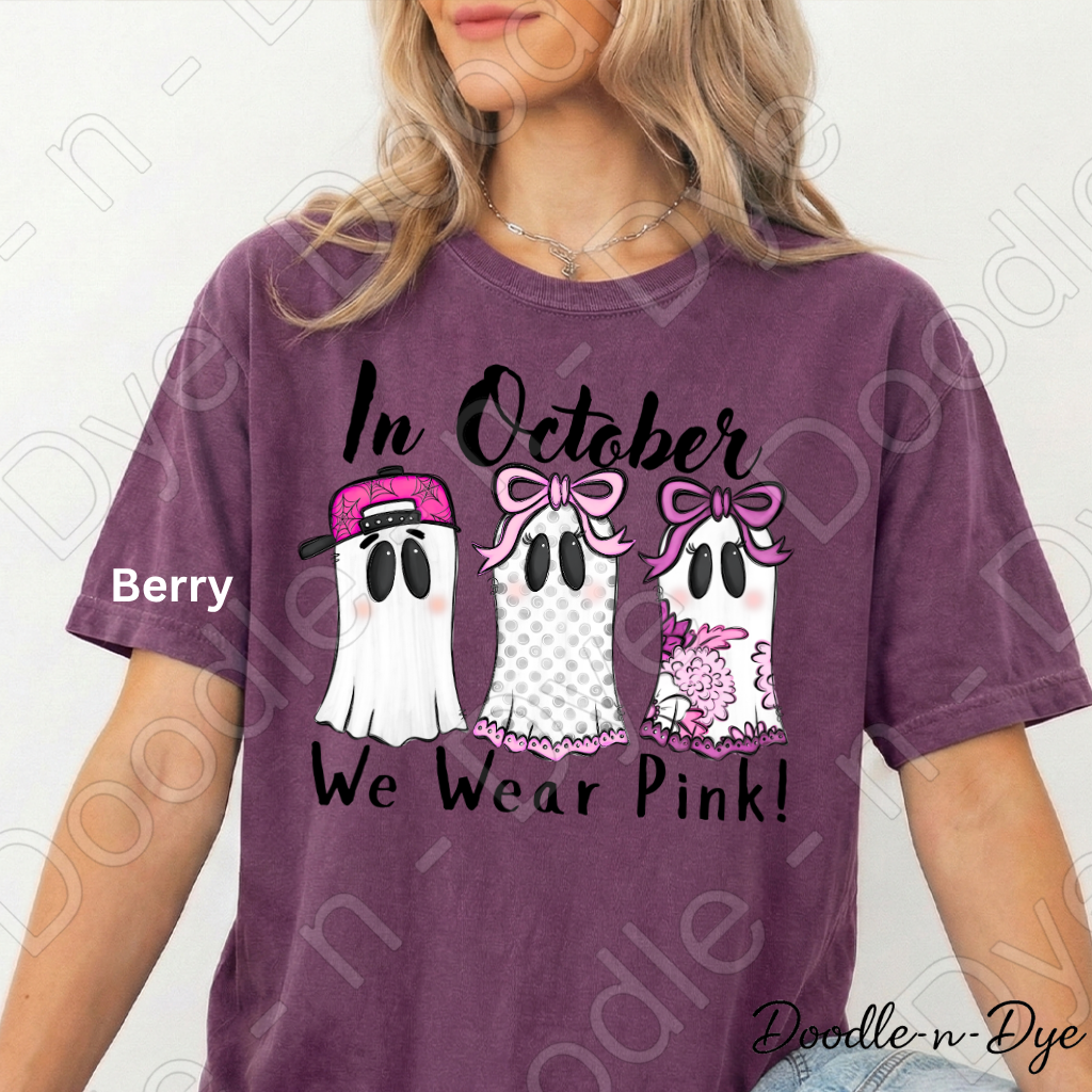 In October We Wear Pink Shirt | Doodle-n-Dye Original | Breast Cancer Awareness Ghost Tee | Comfort Colors 1717 | Cute Halloween Pink Shirt