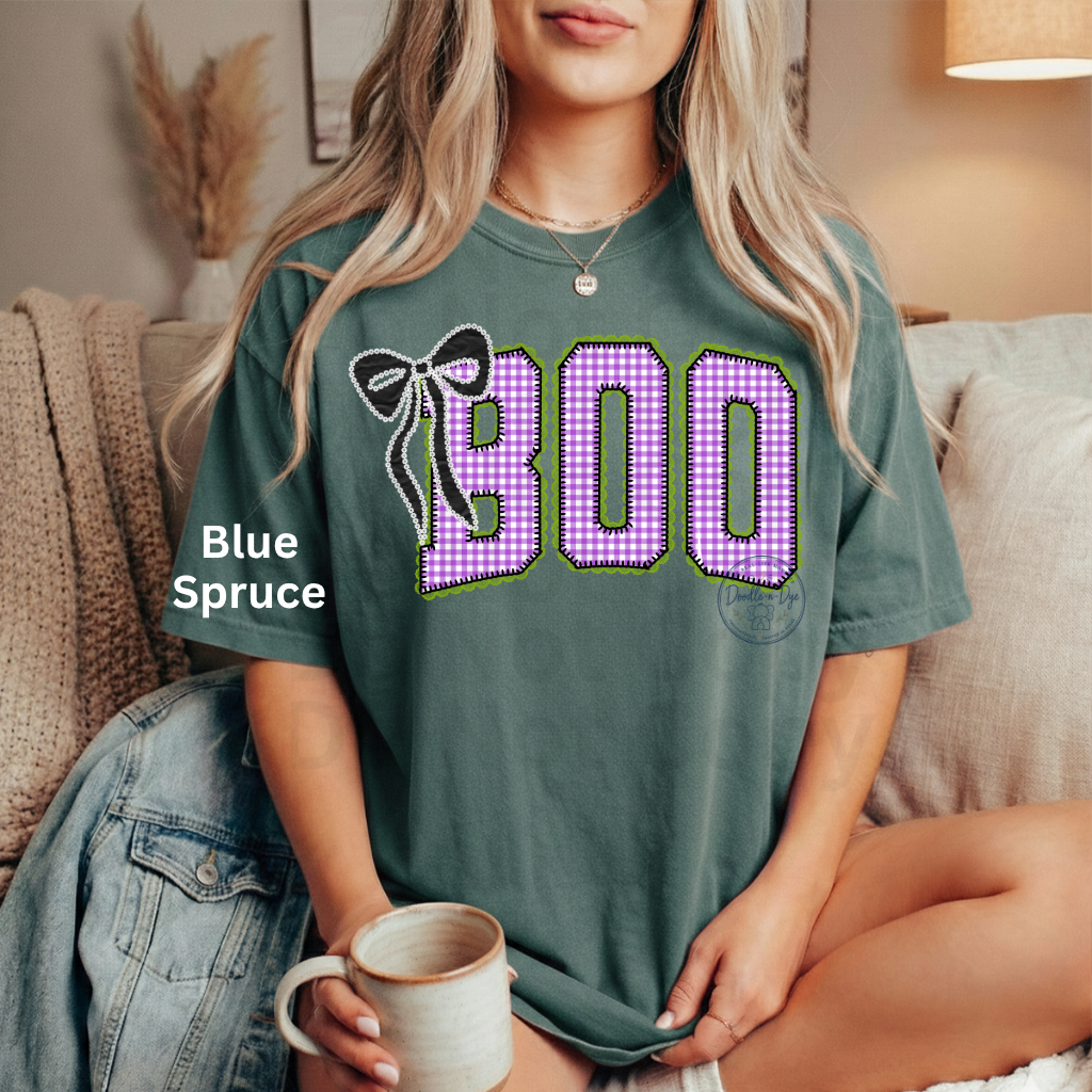 BOO Halloween Shirt | Purple Gingham Ghost Season Tee | Cute Halloween Graphic Shirt | Comfort Colors® 1717 Fall T-Shirt | Coquette Halloween Tee