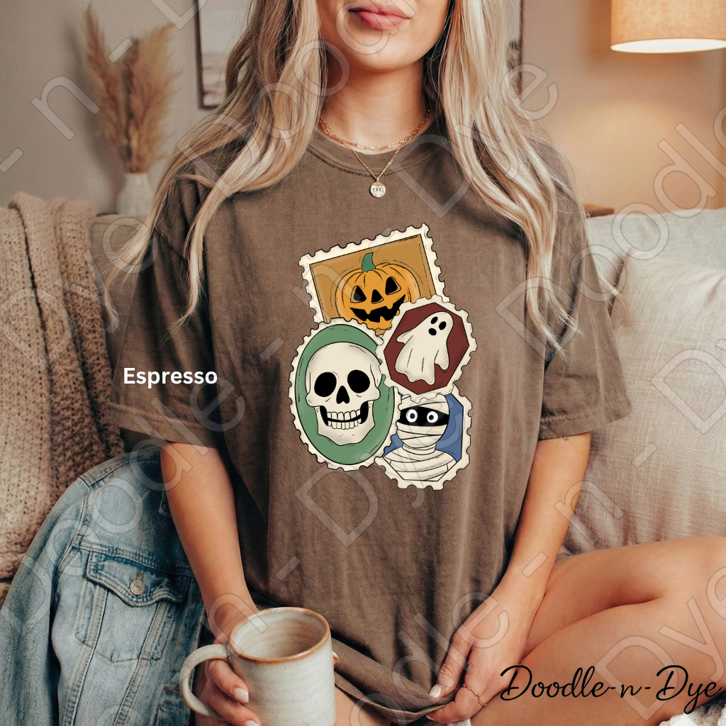 Vintage Halloween Stamp Shirt | Retro Spooky Postage Graphic Tee | Comfort Colors 1717 | Ghost Pumpkin Skull Halloween Shirt