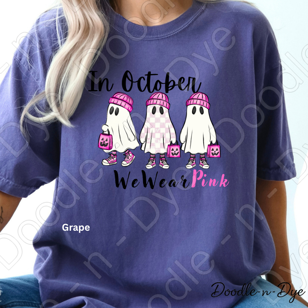 In October We Wear Pink Ghost Shirt | Breast Cancer Awareness Tee | Comfort Colors 1717 | Cute Halloween Ghost Shirt | October Pink Tee