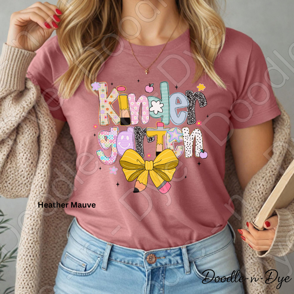Kindergarten Teacher Shirt with Pencil Bow – Bella + Canvas Back‑to‑School Tee for Teachers, Staff, Classroom Prep & First‑Day Outfits
